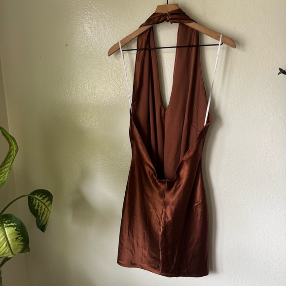 Lulus | Beyond Classy Brown Satin Halter Mini Dress - Picture 6 of 8